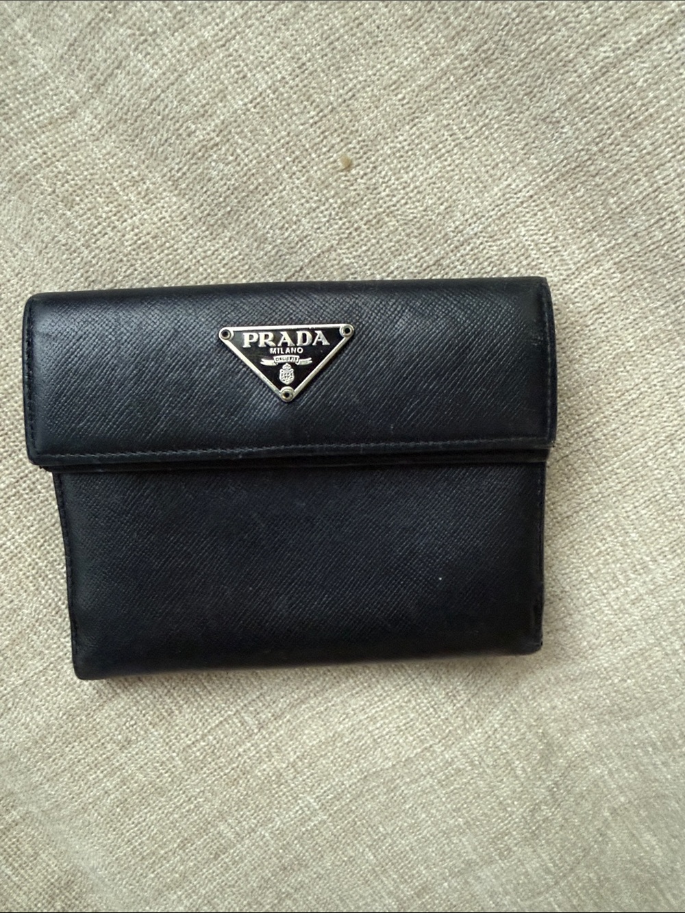Prada Black Saffiano Leather Triangular Logo Fold Wallet- classic